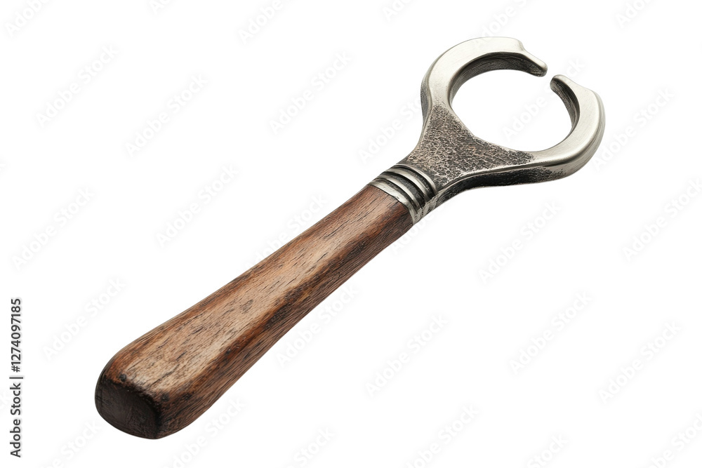 Crafted metal bottle opener with a wooden handle resting on a clean white surface isolated on transparent background Crafted metal bottle opener with a wooden handle resting on a clean white surface isolated on transparent background