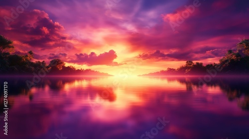 A stunning sunset over a tranquil lake, showcasing vibrant hues of pink and purple that reflect beautifully on the water's surface, creating a serene and peaceful atmosphere.