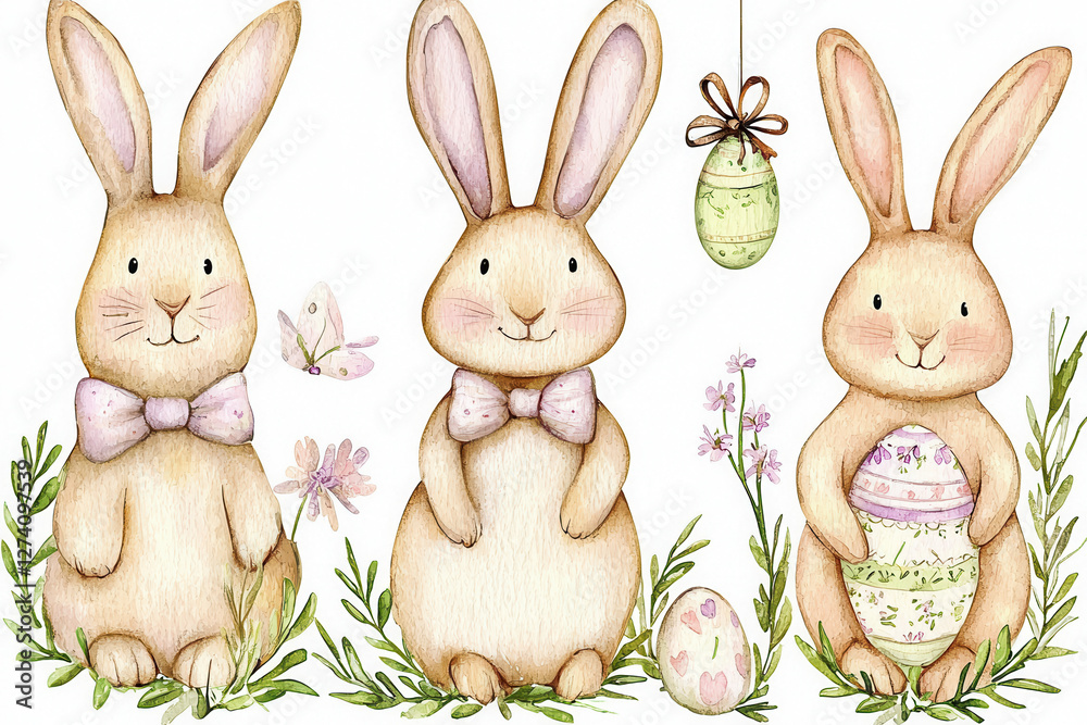 Fototapeta premium Three adorable, pastel-colored bunnies surrounded by flowers and Easter eggs, perfect for a whimsical, spring-themed design.
