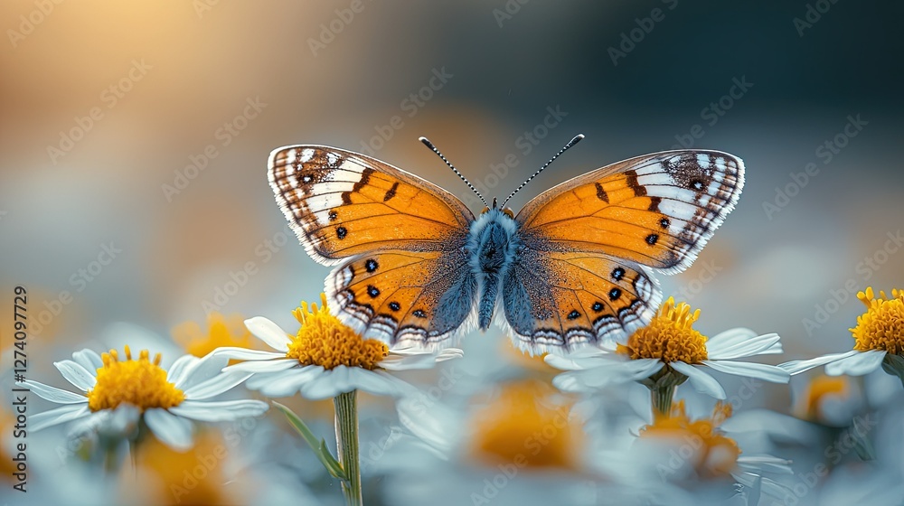Fototapeta premium A Beautiful Butterfly Resting on Daisies Under a Soft Morning Light