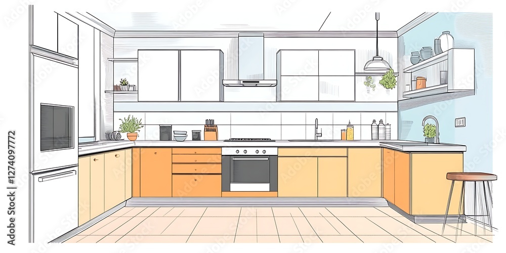 Fototapeta premium Drawing of the interior of a kitchen. Modern kitchen layout plans with furniture layouts. vector simple illustration. The plan includes symbols for furniture in the kitchen, bedroom, and bathroom.