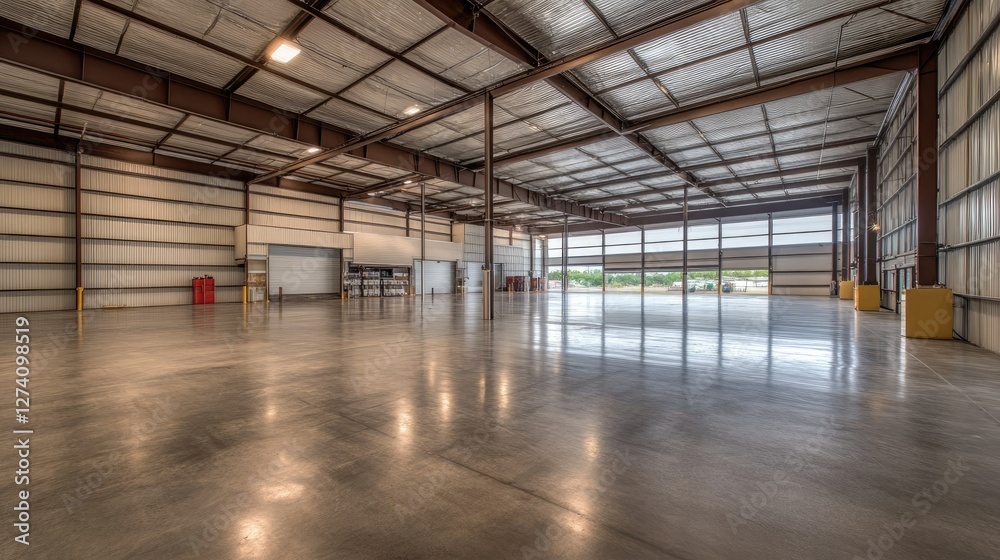 Large empty storehouse with open interior, smooth concrete flooring, and a bright, well-lit atmosphere ideal for industrial operations Large empty storehouse with open interior, smooth concrete flooring, and a bright, well-lit atmosphere ideal for industrial operations
