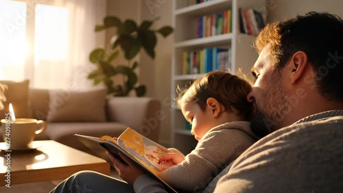 A heartwarming scene of a father and toddler sharing a story in a snug family living room.
