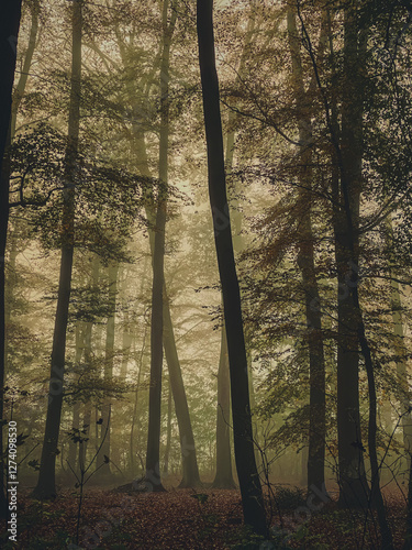 Obraz na płótnie misty morning in the forest w salonie