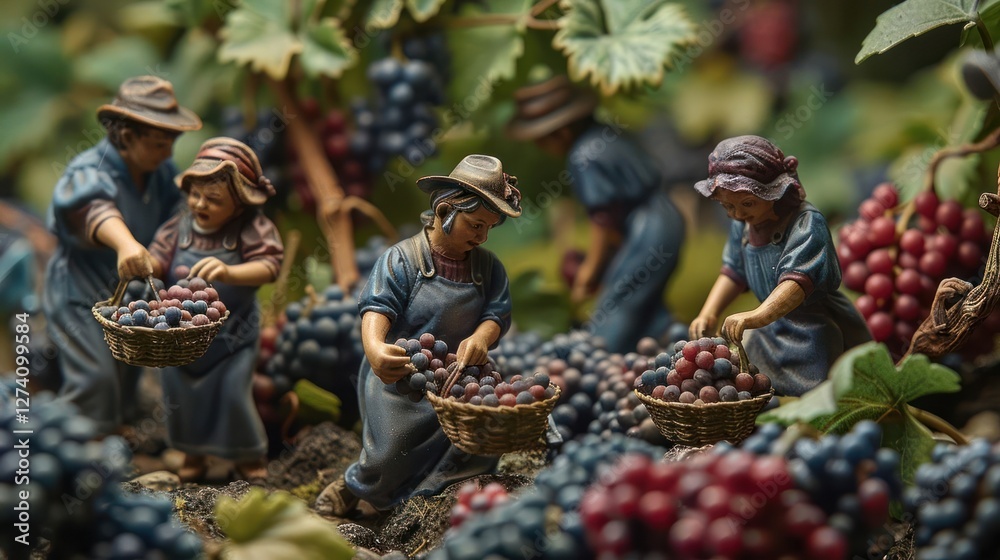Obraz premium A detailed scene of figurines harvesting grapes in a lush vineyard.