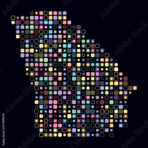 Georgia, shape of the state built of colored cells. Digital style map of Georgia on a dark background. Large size rounded square blocks. Awesome vector illustration.