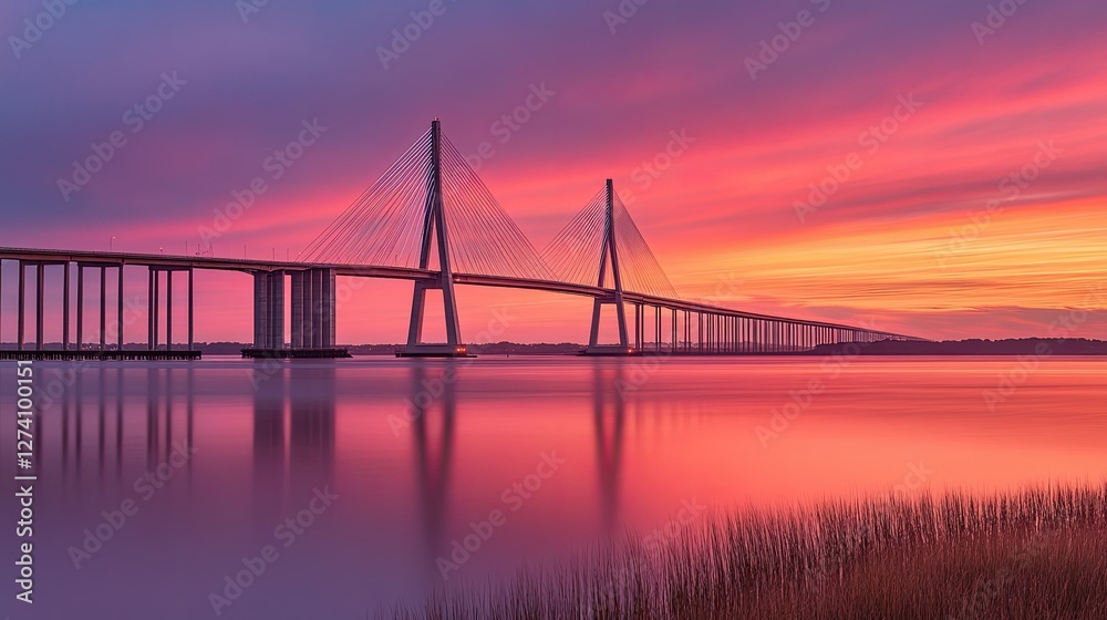 Linear shot of a cable-stayed bridge glowing in the sunrise, with clean white lines contrasting against the warm sky Linear shot of a cable-stayed bridge glowing in the sunrise, with clean white lines contrasting against the warm sky