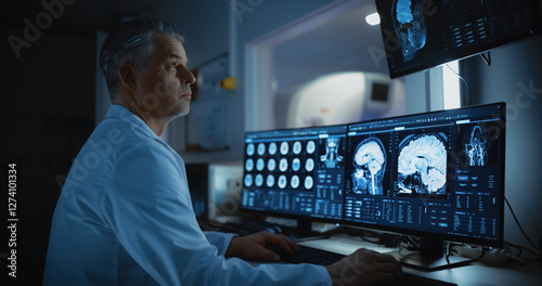 Tableau sur toile In Medical Laboratory Patient Undergoes MRI or CT Scan Process, in Control Room Doctor Watches Procedure and Monitors with Brain Scans Results