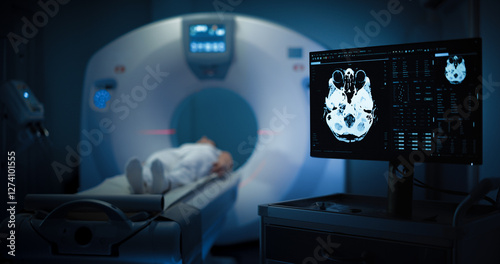 Obraz na płótnie Medium Shot of a Female Patient Lying on a CT or MRI Scan, Bed is Moving Inside the Machine While it Scans her Brain