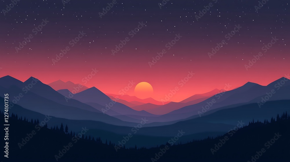 Naklejka premium Majestic Sunset Over Silhouetted Mountain Ranges