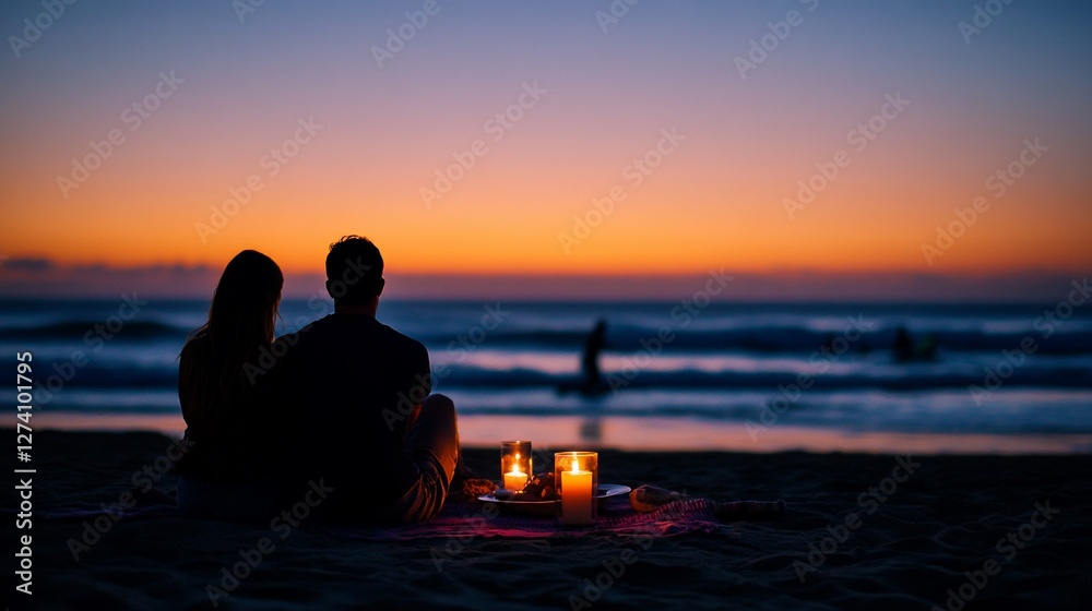 Intimate beach sunset, couple embracing romance under a twilight sky Intimate beach sunset, couple embracing romance under a twilight sky