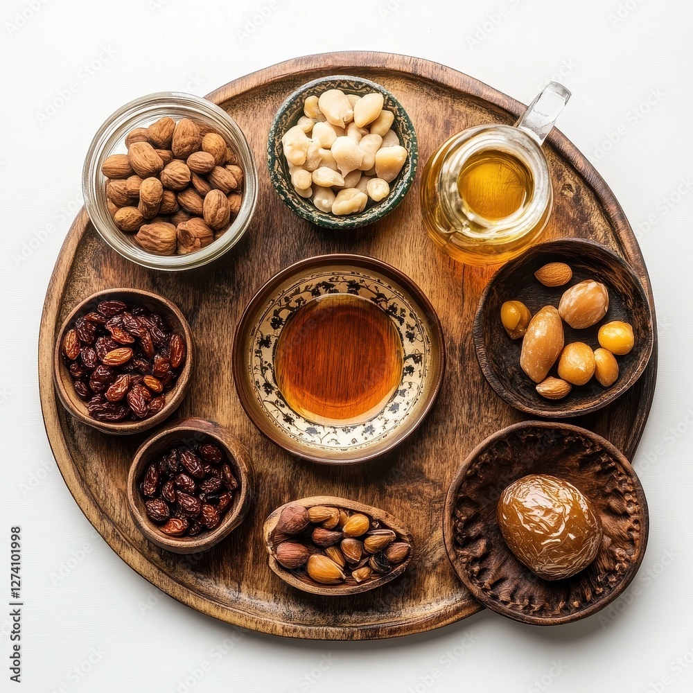 Overhead View of Assorted Nuts, Seeds, and Dried Fruits Arranged on Wooden Tray Overhead View of Assorted Nuts, Seeds, and Dried Fruits Arranged on Wooden Tray