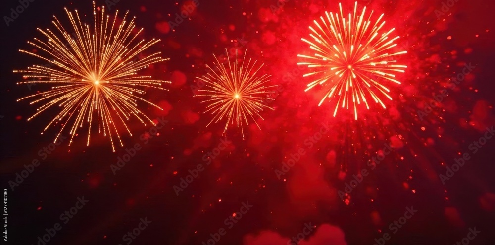Obraz premium Radiant gold fireworks illuminate deep red canvas, intense celebratory display, golden, display