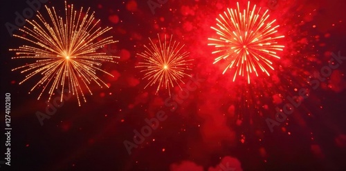 Radiant gold fireworks illuminate deep red canvas, intense celebratory display, golden, display