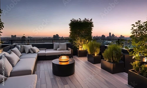 Luxurious Rooftop Terrace at Sunset with City Skyline View