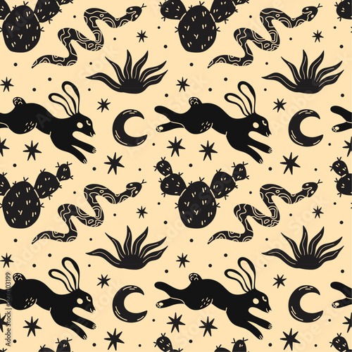 Desert themed seamless vector pattern with cute groovy funky cartoon western boho illustration of animals, hare, plants, cactus, cacti, snake, rabbit, cowboy or cowgirl aesthetic, wild west