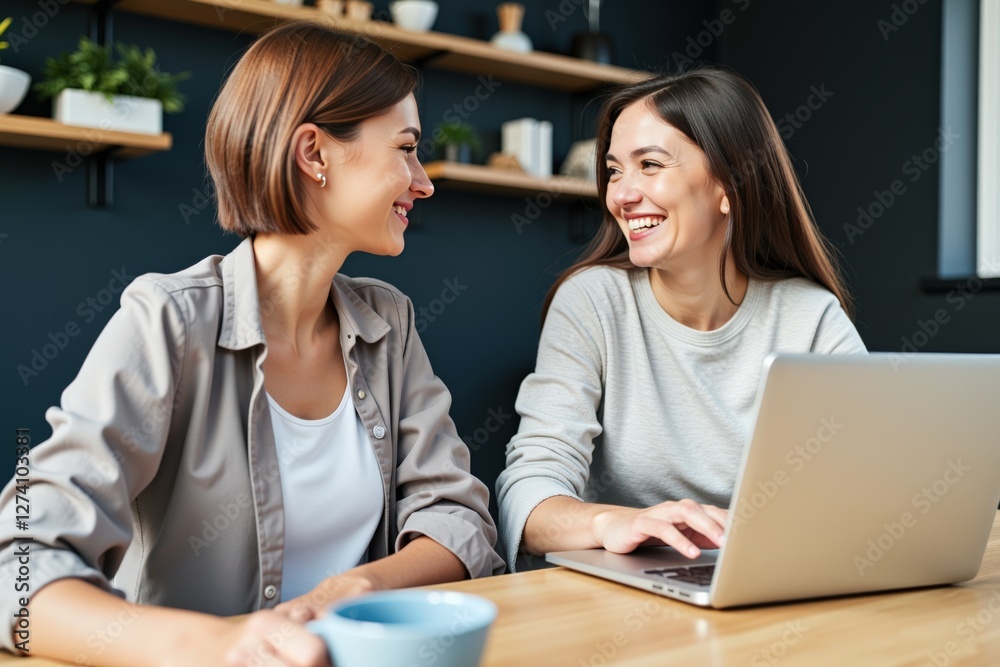 Two Women Engaged in Friendly Conversation Over a Laptop at a Cozy Cafe with Greenery on Shelves and a Relaxed Atmosphere