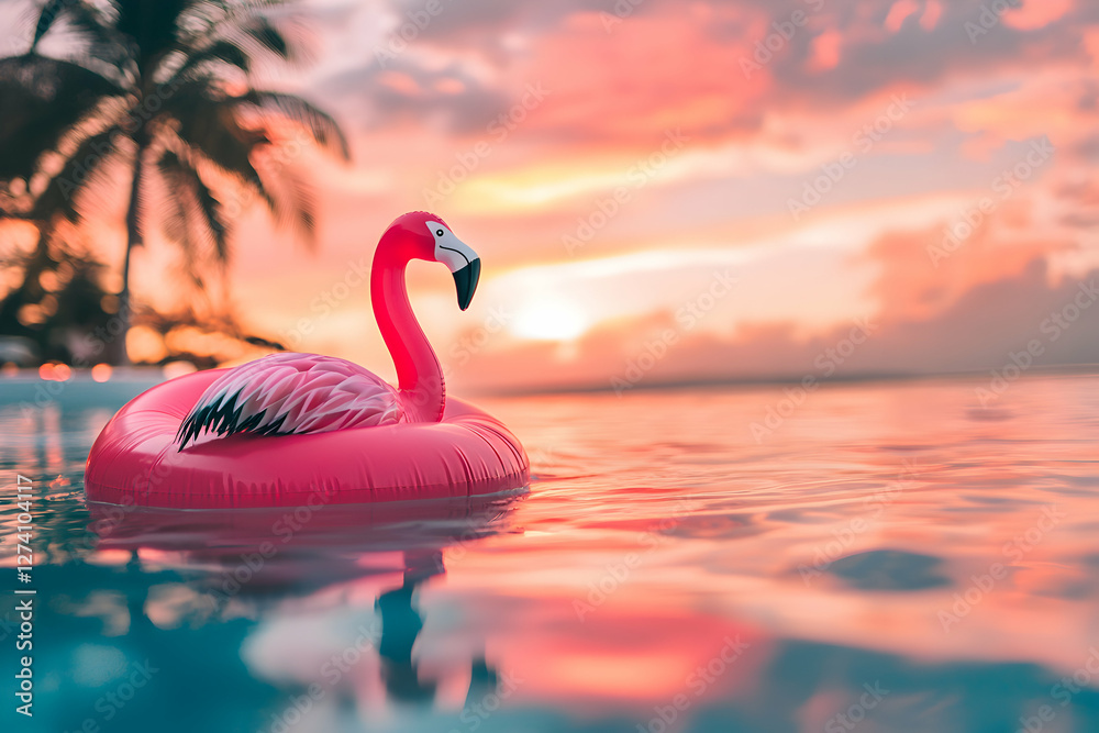 Fototapeta premium Flamingo Float in Calm Water at Sunset with Palm Tree