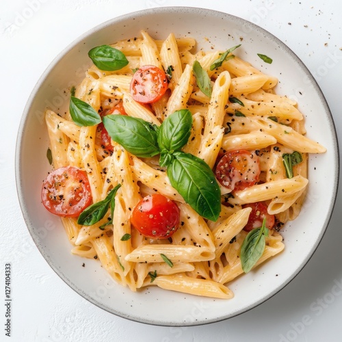 Creamy pasta with penne, tomato, and basil served in a bowl on white
