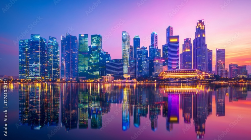 Obraz premium Stunning Skyline of Singapore City at Sunset Reflection in Water