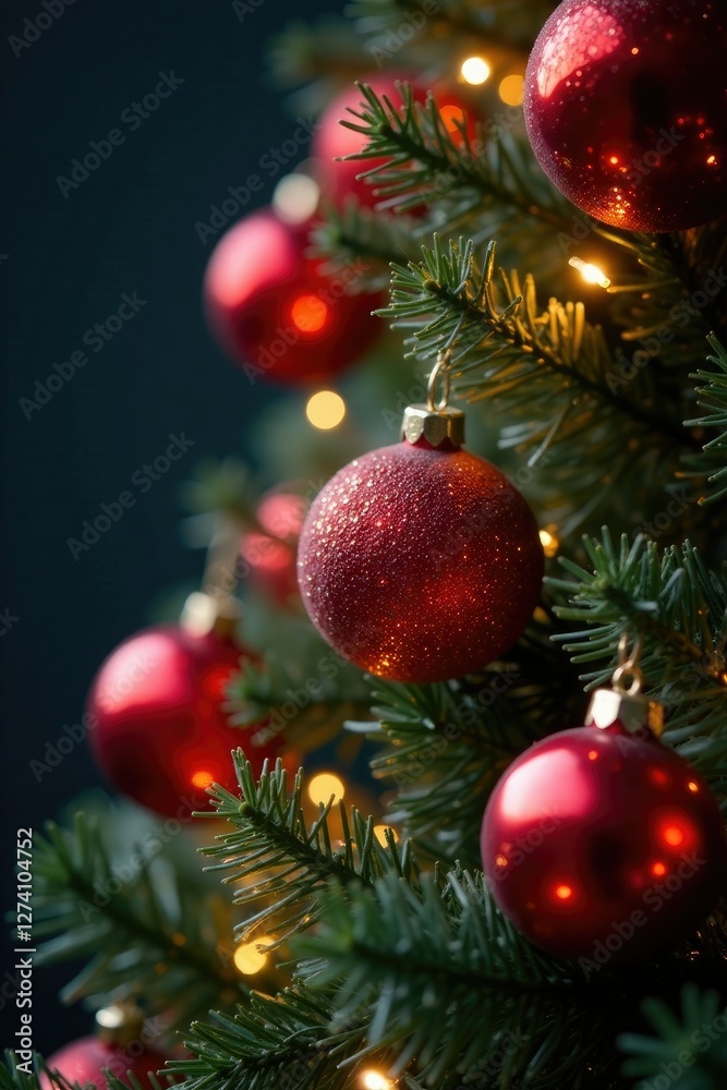 Iridescent red beads decorate a festive holiday tree, sparkling, joyful, colorful Iridescent red beads decorate a festive holiday tree, sparkling, joyful, colorful