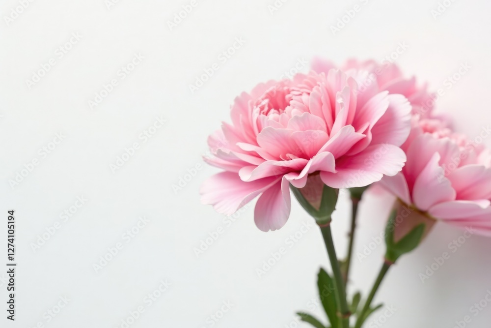 Delicate pink carnation blooms on a white background, blooming, soft colors Delicate pink carnation blooms on a white background, blooming, soft colors