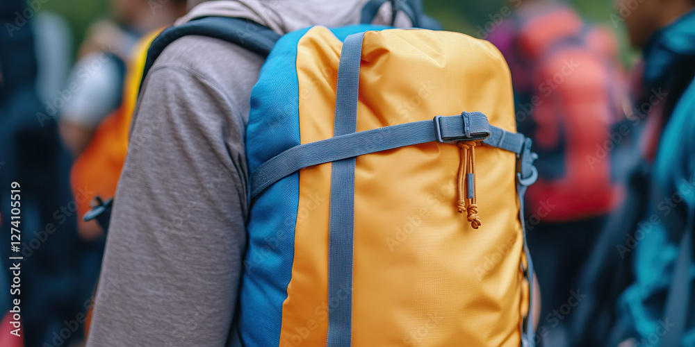 Obraz premium Close-up of a Yellow and Blue Backpack with Gray Straps