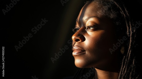 Woman profile, thoughtful, sunlit, indoors, portrait, possible stock photo use photo