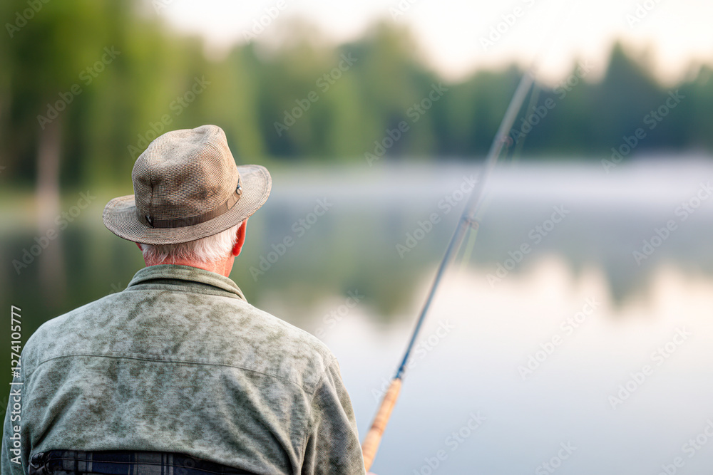 Fishing adventure senior angler at serene lake nature leisure time Fishing adventure senior angler at serene lake nature leisure time