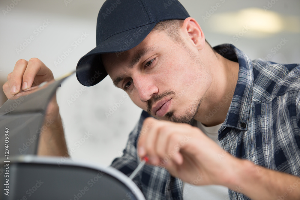 man repairing photocopier using screwdriver