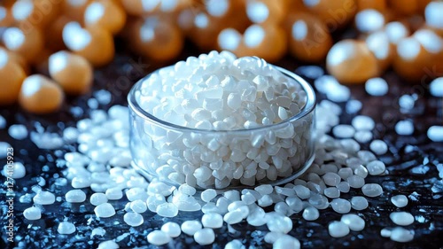 A glass dish filled with white plastic resin pellets, scattered around a dark reflective surface