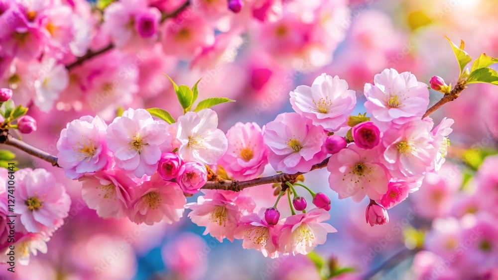 Soft-focus pink blossoms, tilting view of a flowering tree. Soft-focus pink blossoms, tilting view of a flowering tree.