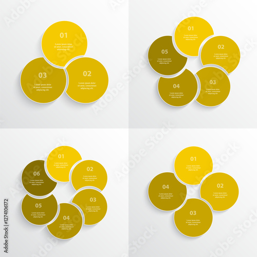 Set of yellow circle infographic elements with 3, 4, 5 and 6 options, parts, processes or steps.