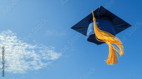 Graduation cap thrown in air against clear blue sky, symbolizing achievement and celebration