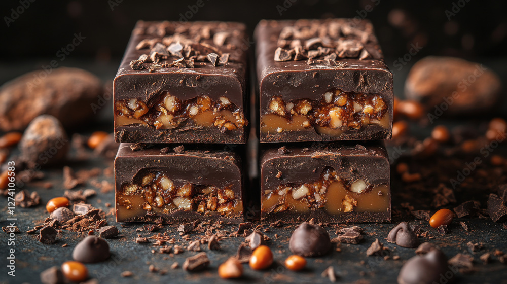 Delicious gourmet chocolate bars with nuts and caramel pieces Delicious gourmet chocolate bars with nuts and caramel pieces
