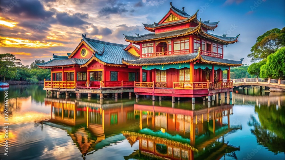 Naklejka premium Stilted dragon boat shed, HuaYang Lake, Machong, DongGuan. Traditional Chinese Long Chuan Peng Festival.