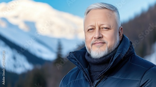 A senior man beams with a warm smile against the stunning backdrop of a snow-covered mountain, radiating both confidence and joy in the daylight