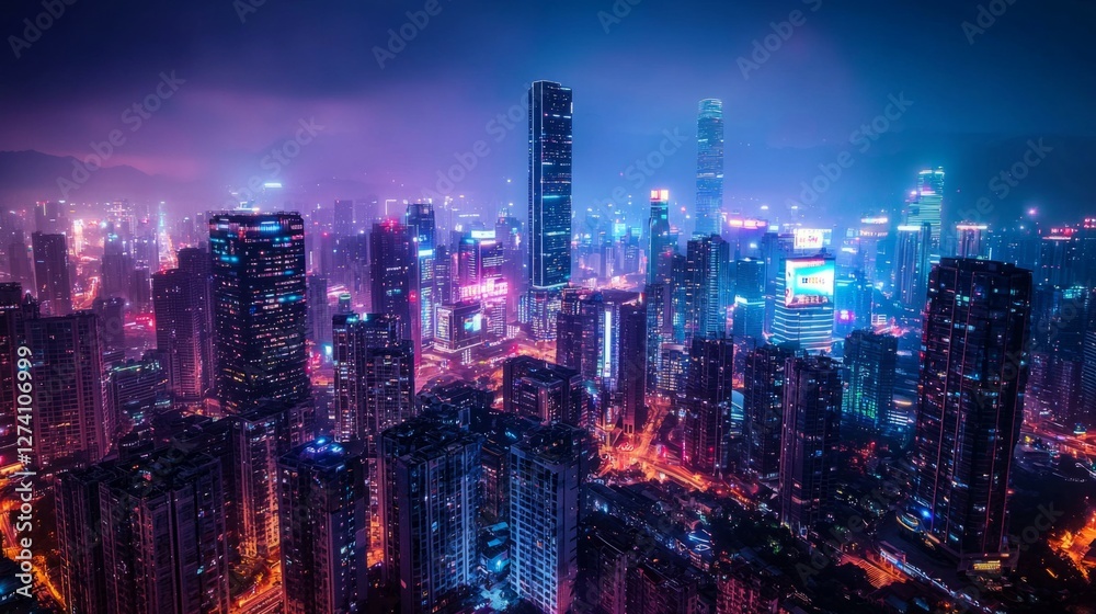 Fototapeta premium Vibrant Night Cityscape with Neon Lights and Skyscrapers