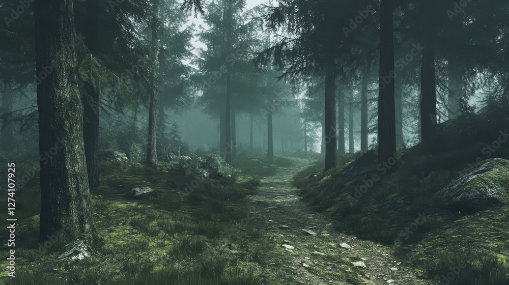 Fototapeta premium Misty Forest Path Winding Through Tall Trees