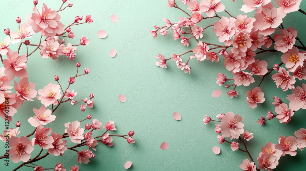 Fototapeta premium A paper cut layer of sakura cherry blossom in minimalist style, a blank space for mockup area shall be more than 50% of frame, pastel green, pink, red tone color