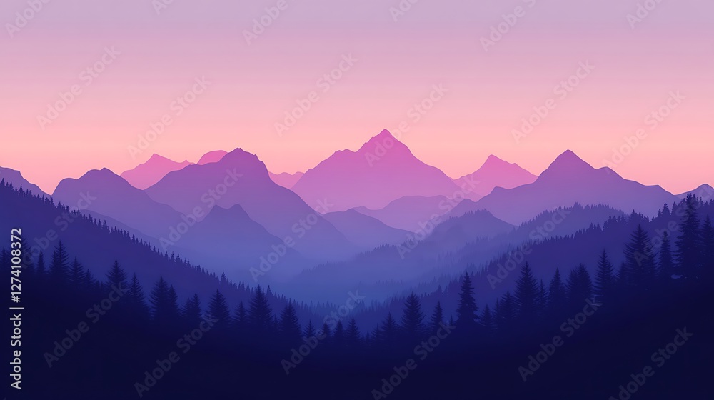 Fototapeta premium Purple Mountains Sunset Over Silhouetted Forest