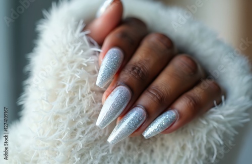 African American hand model presents long nails painted silver glitter nail art on gray. Woman hands exhibit elegant winter themed style, perfect beauty care demo and nail salon advertising. photo