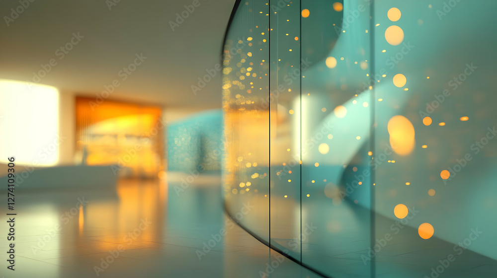 Naklejka premium Abstract Architectural Interior with Glowing Orbs and Reflected Light Design Elements