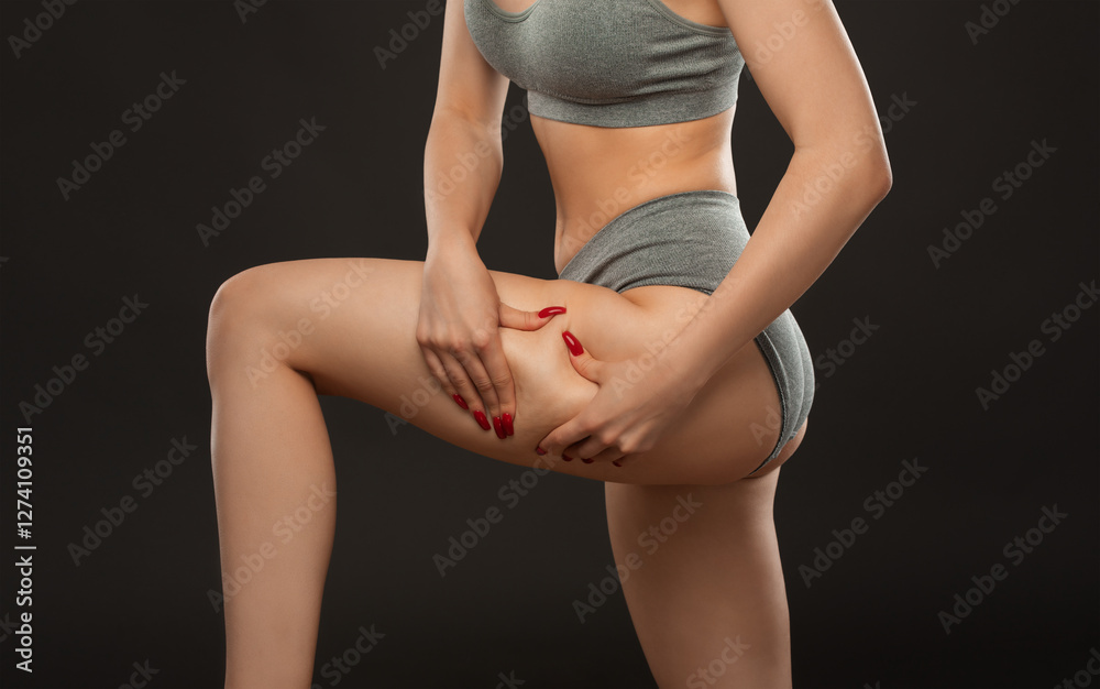 Fototapeta premium Girl pulls the skin showing the body fat. Treatment and disposal of excess weight, the deposition of subcutaneous fat.