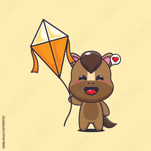 horse mascot cartoon character vector illustration playing kite