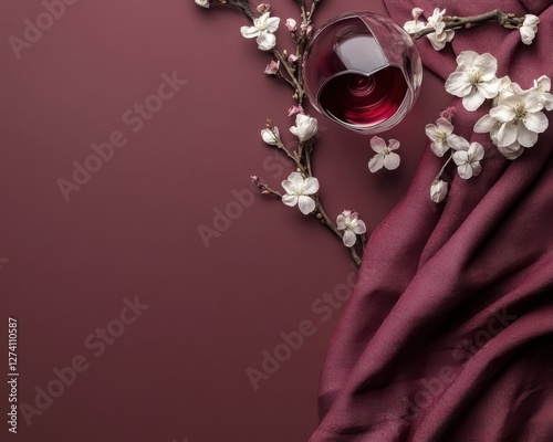 Red Wine Glass with Blossoms on Burgundy Fabric Background photo