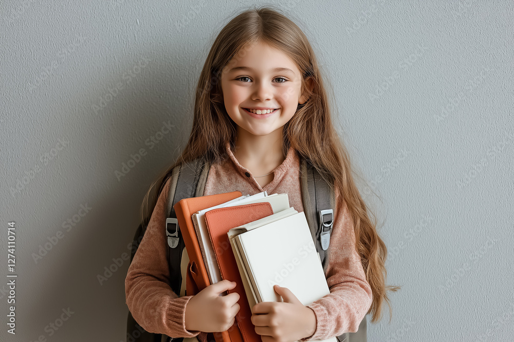 A young student holding textbooks and a backpack, smiling confidently against a neutral light gray background A young student holding textbooks and a backpack, smiling confidently against a neutral light gray background