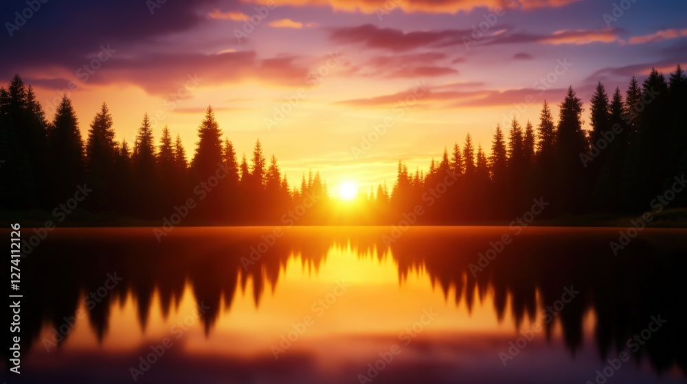 Fototapeta premium A serene sunset reflecting on a calm lake surrounded by lush evergreen trees. The sky is filled with vibrant hues of orange and purple, creating a tranquil and picturesque scene.