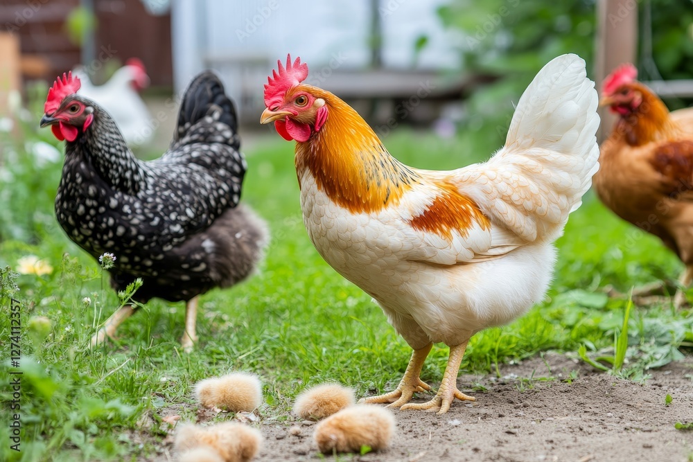 Fototapeta premium Hens and Chicks in a Garden - Three hens and their fluffy chicks enjoying the outdoors in a lush green garden