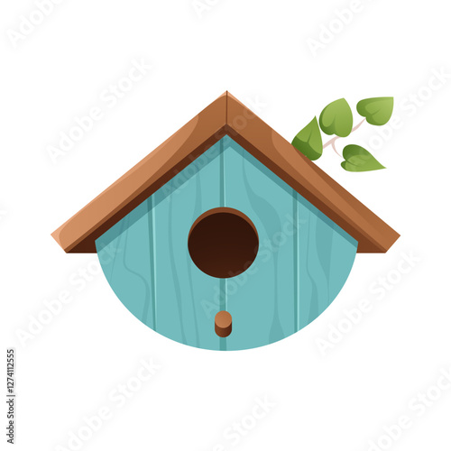 Birdhouse vector illustration isolated on a white background. Blue round hanging wooden bird house, feeder, and nest for spring, summer, or winter birds. Springtime illustration for banner, card, web.